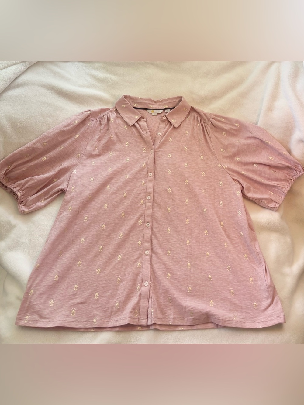 Boden Light Pink Button-Front Blouse with Gold Foil Dots